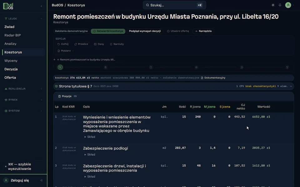 Kadr z aplikacji BudOS: Kosztorys