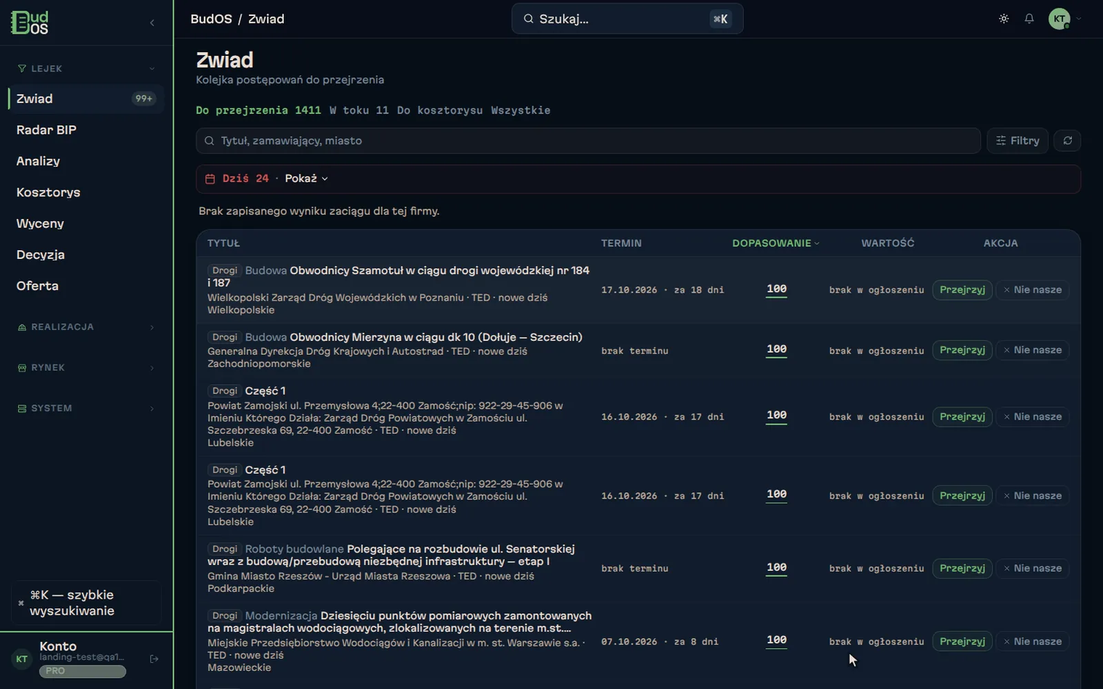 Recording from the app: the Scouting tender queue, a search, and a procedure opened with its fit score and downloaded documents.